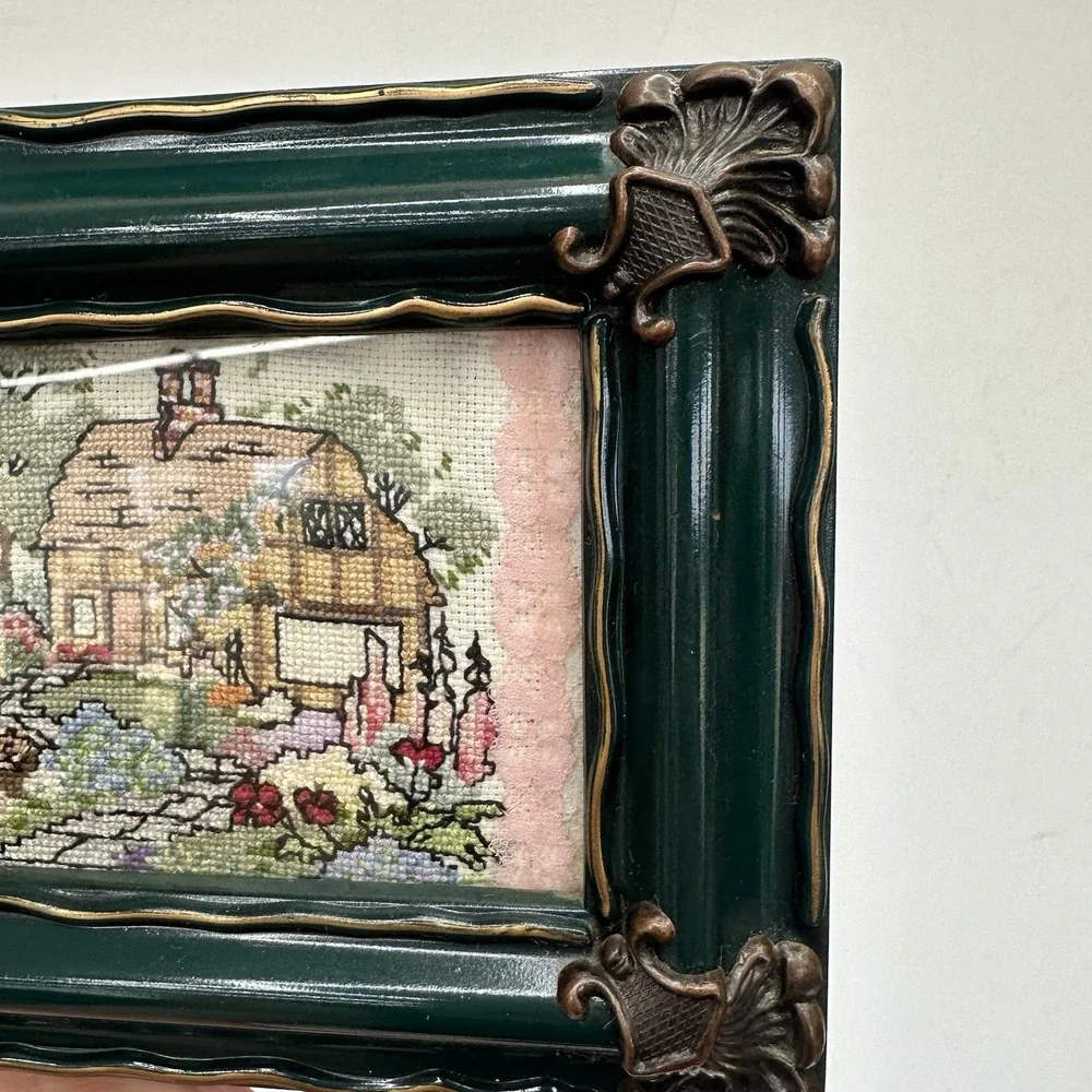 Embroidered Cross Stitch Handmade Vtg Countryside Rustic Cottage 7